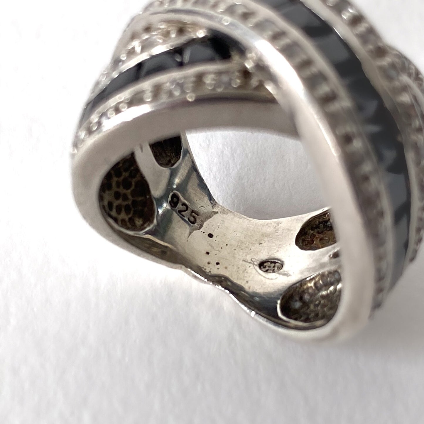 Bague vintage en argent 925, strass et onyx noirs – Style Art Déco, années 80