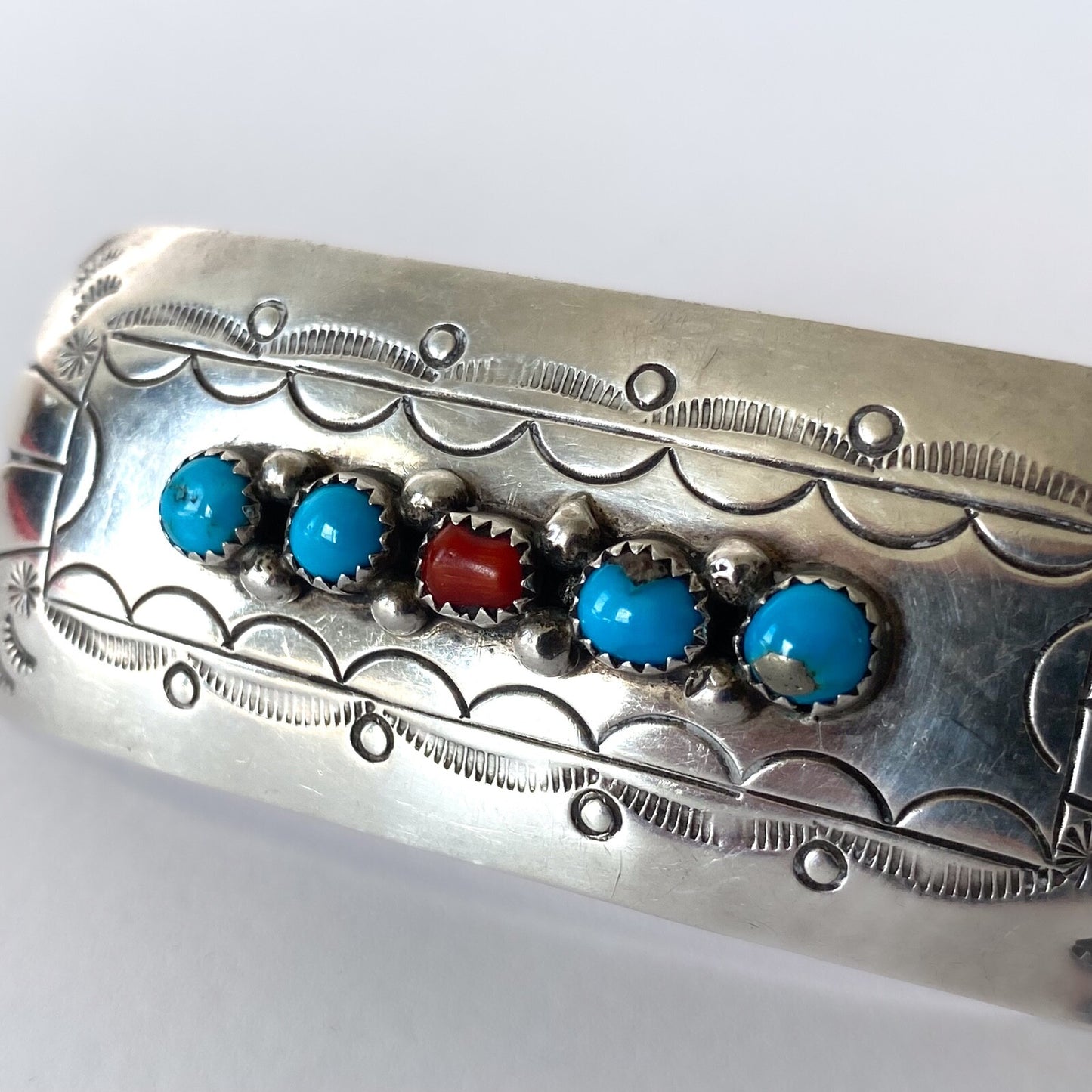 Barrette Navajo en argent sterling, turquoise et corail – Bijou de cheveux 1970s