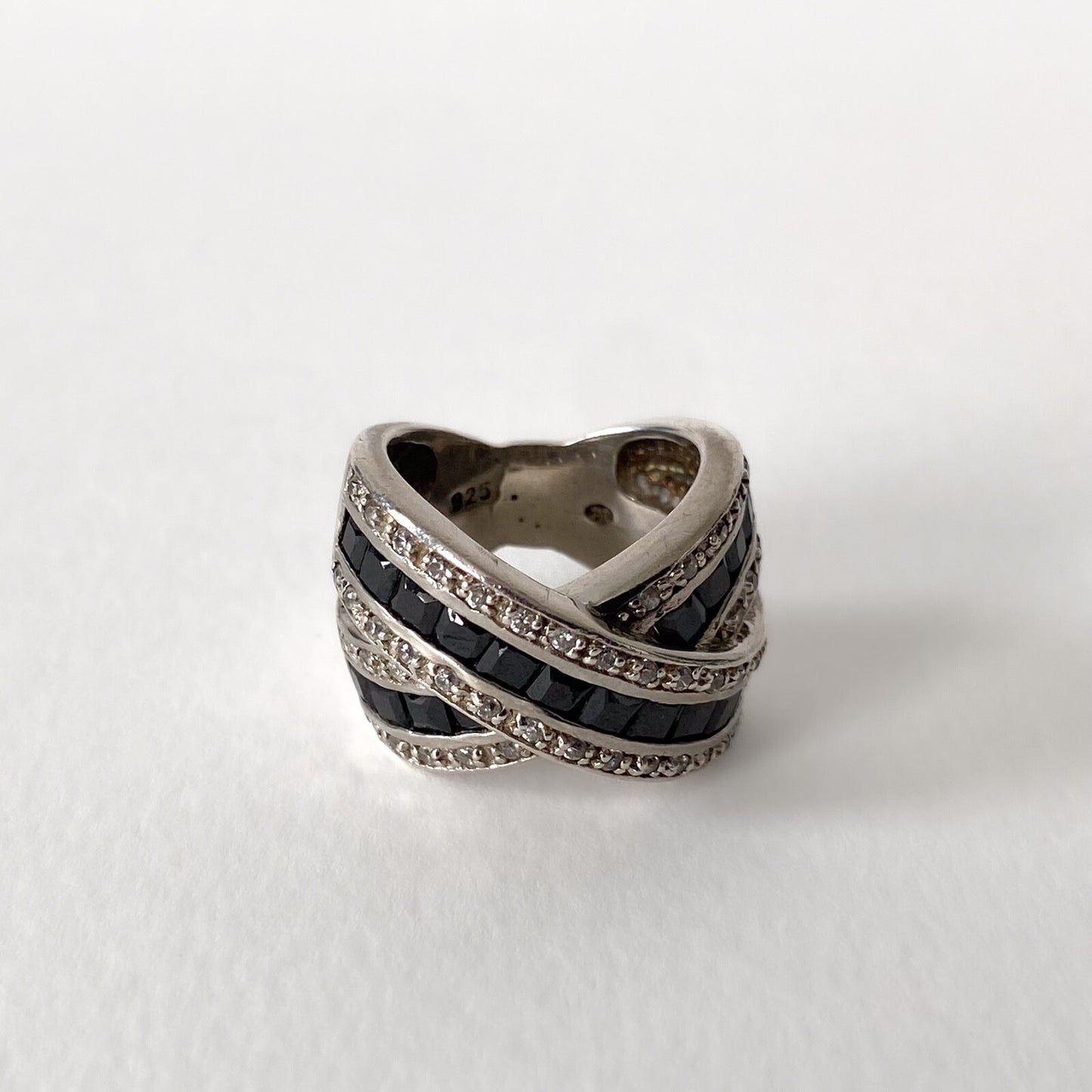 Bague vintage en argent 925, strass et onyx noirs – Style Art Déco, années 80