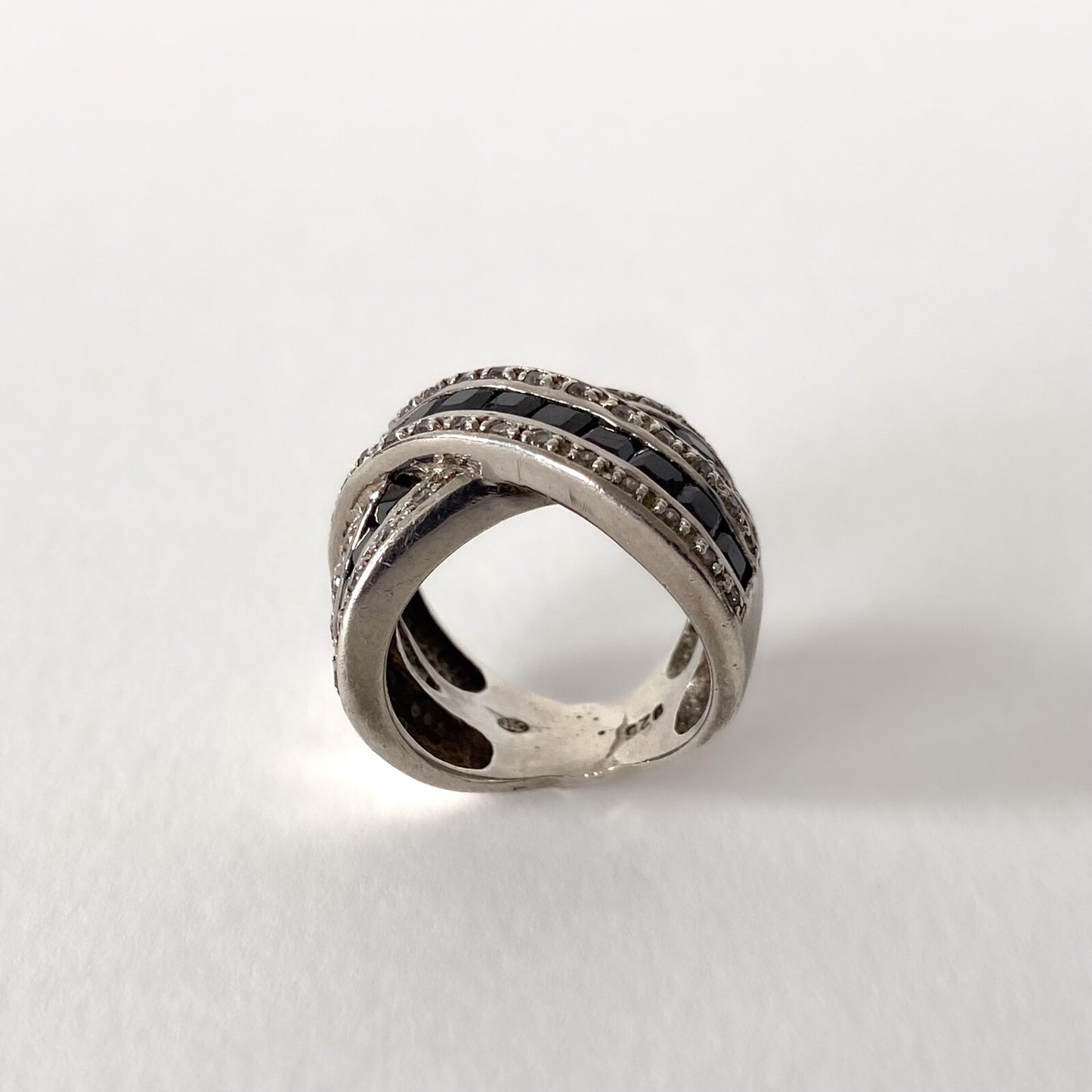 Bague vintage en argent 925, strass et onyx noirs – Style Art Déco, années 80