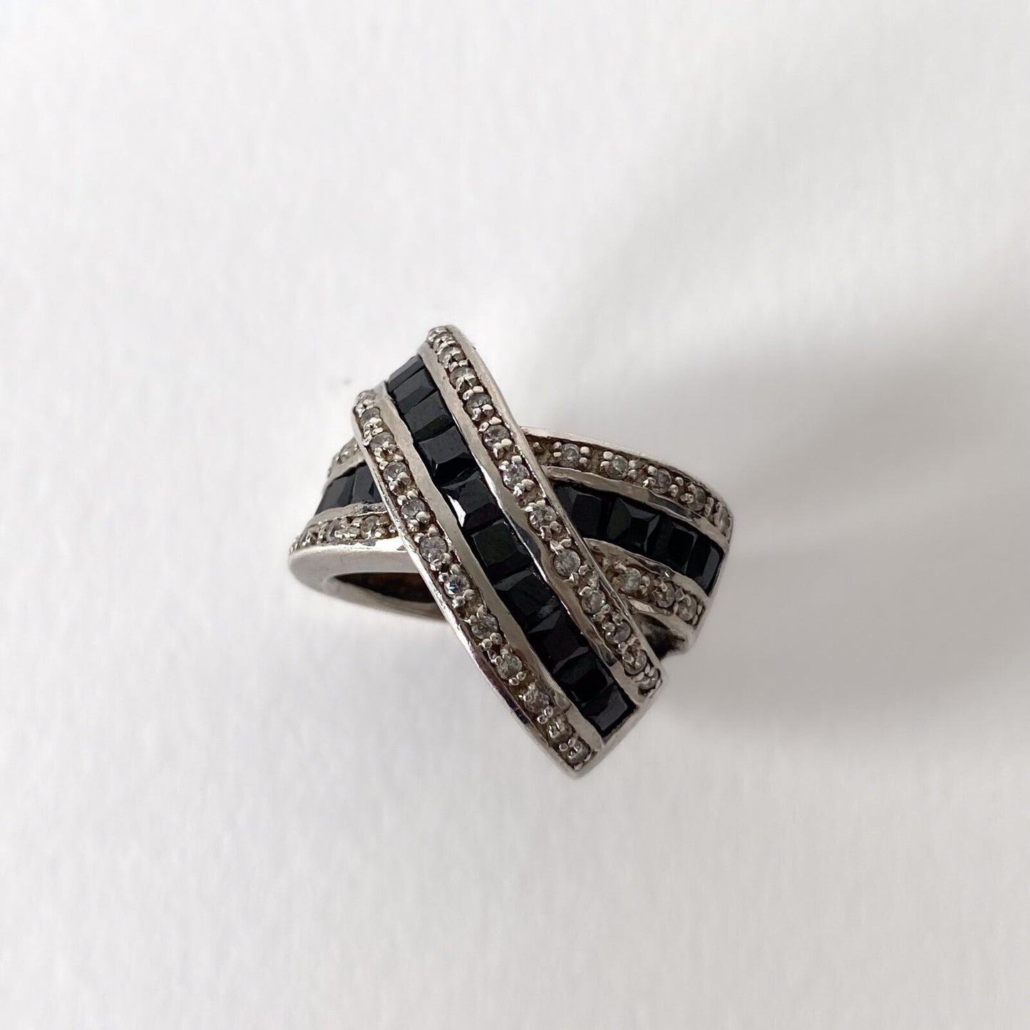 Bague vintage en argent 925, strass et onyx noirs – Style Art Déco, années 80