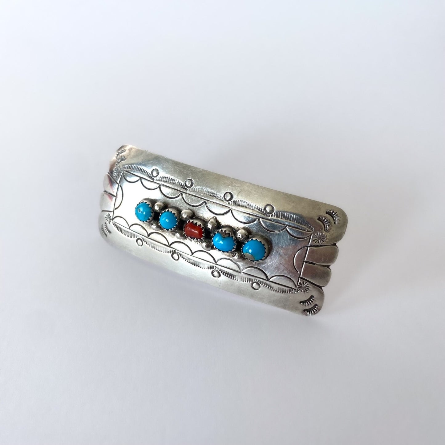 Barrette Navajo en argent sterling, turquoise et corail – Bijou de cheveux 1970s