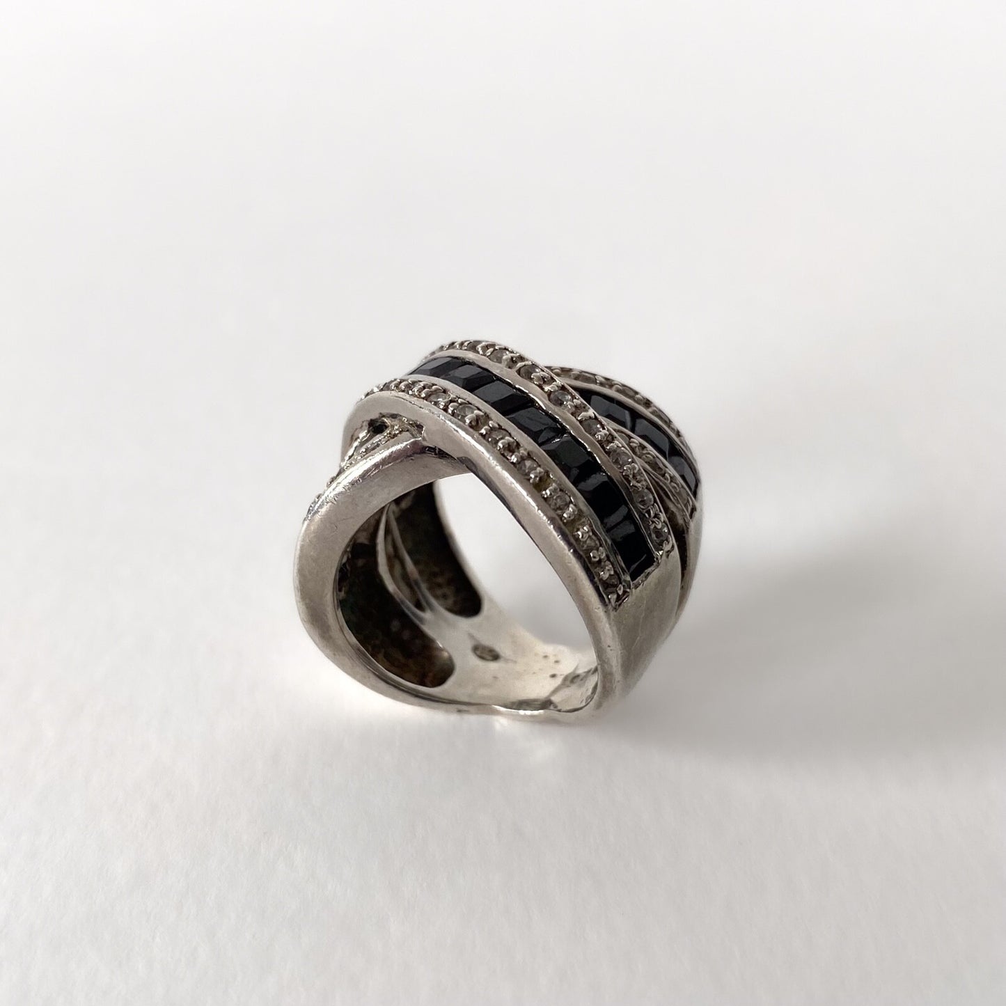 Bague vintage en argent 925, strass et onyx noirs – Style Art Déco, années 80