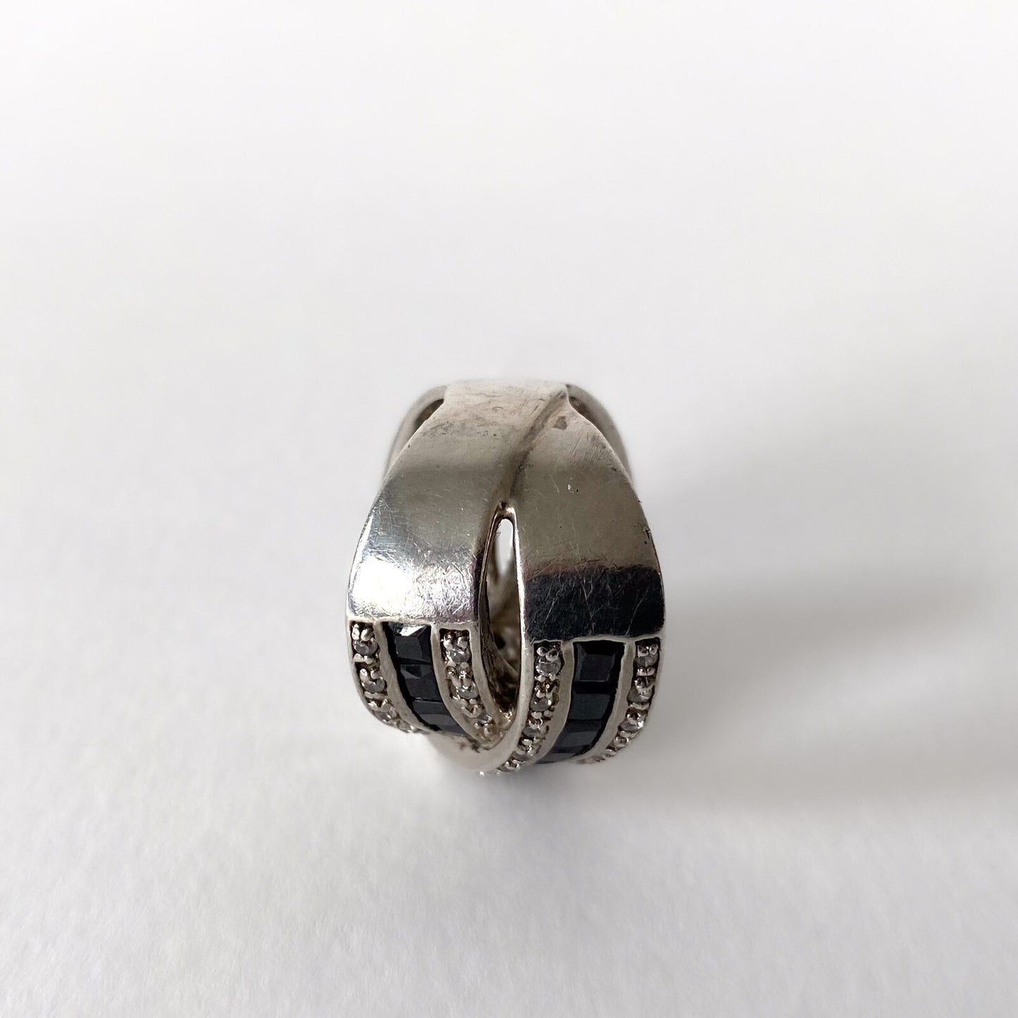 Bague vintage en argent 925, strass et onyx noirs – Style Art Déco, années 80