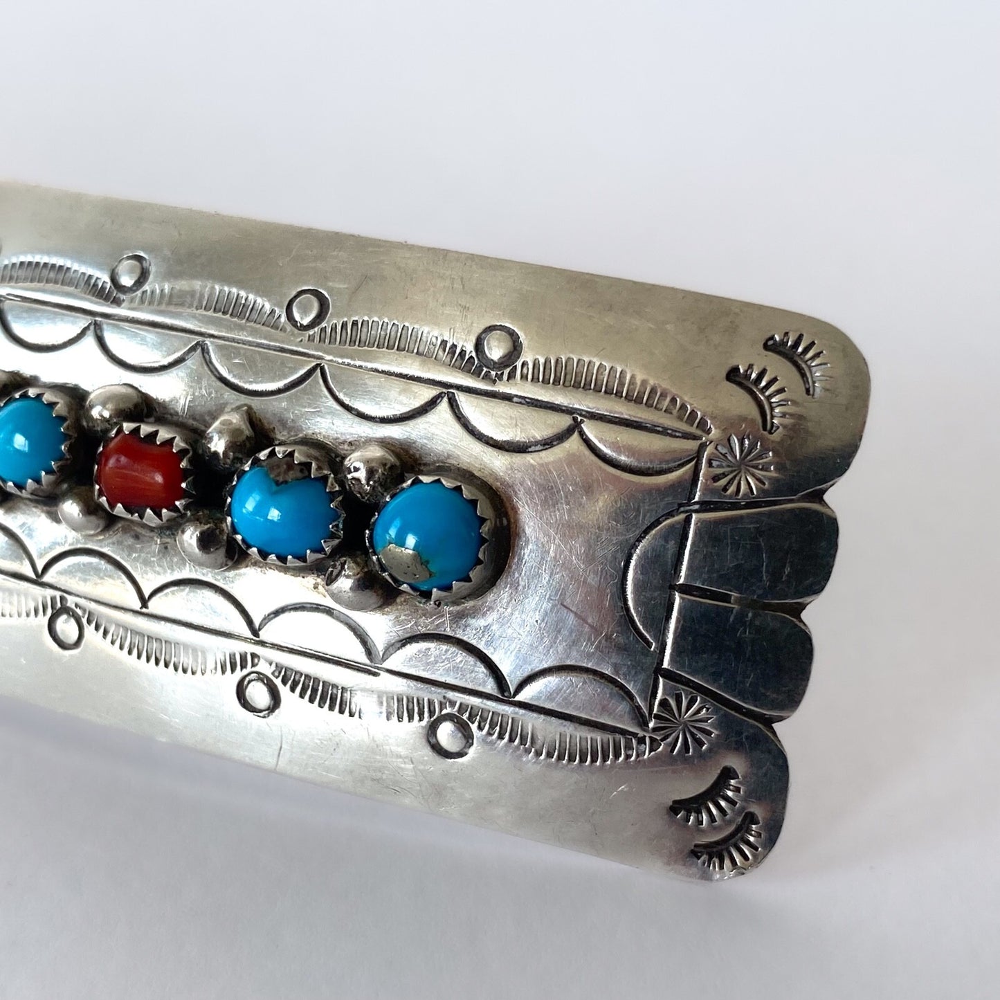 Barrette Navajo en argent sterling, turquoise et corail – Bijou de cheveux 1970s