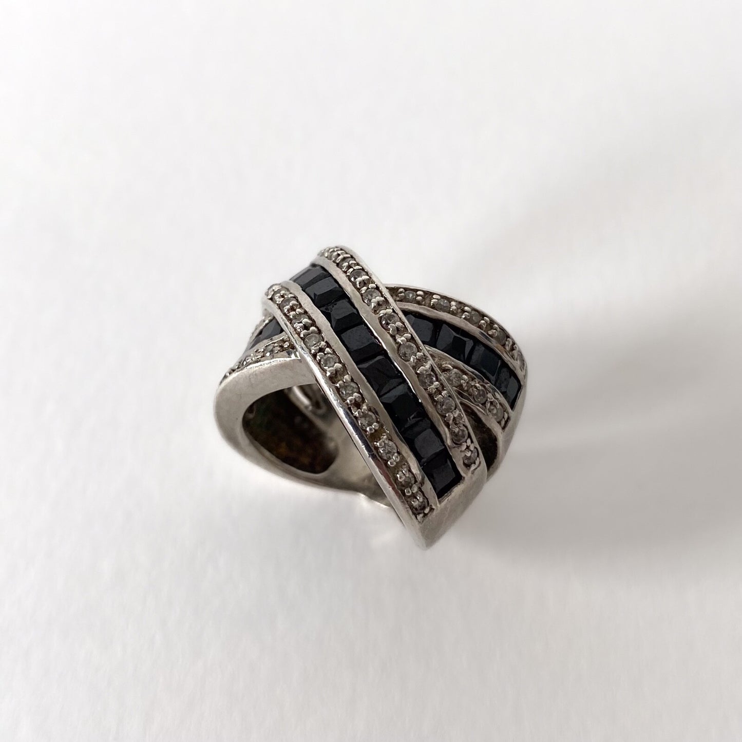 Bague vintage en argent 925, strass et onyx noirs – Style Art Déco, années 80