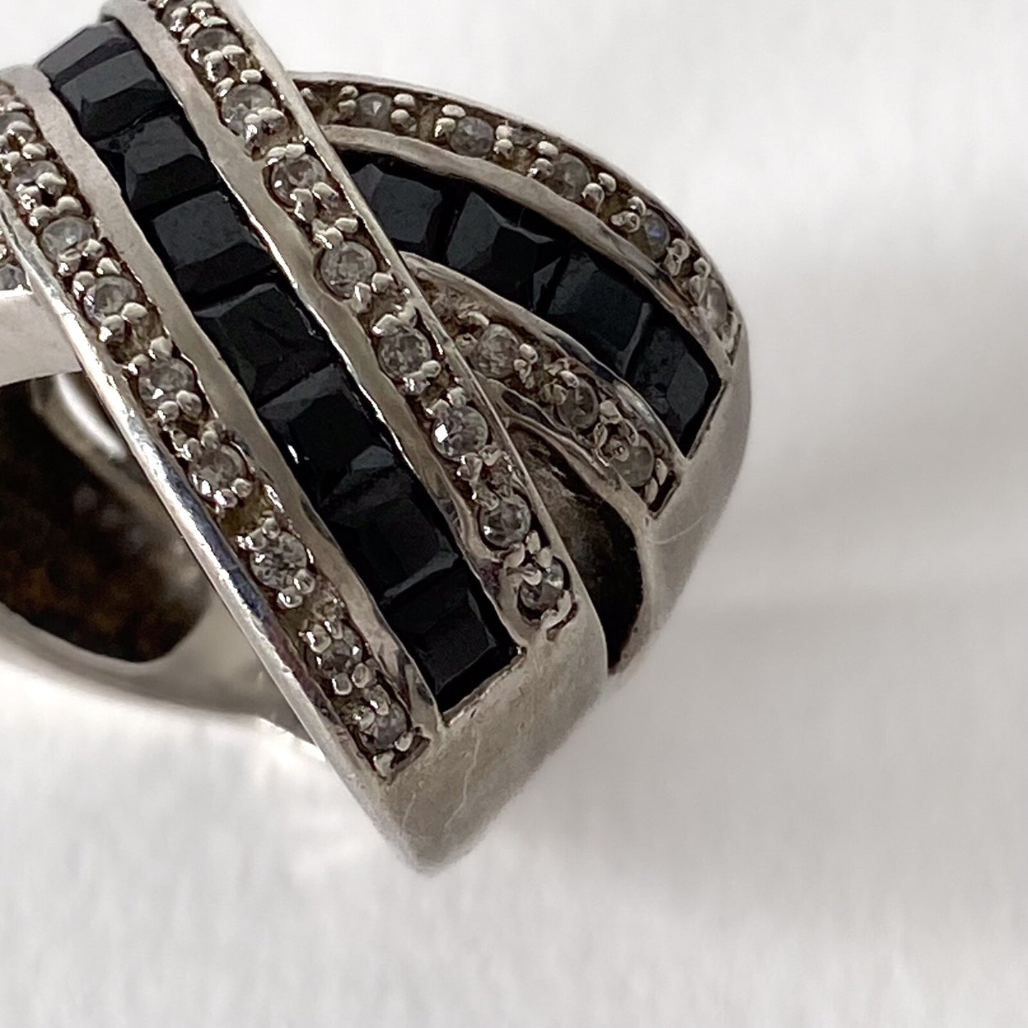 Bague vintage en argent 925, strass et onyx noirs – Style Art Déco, années 80