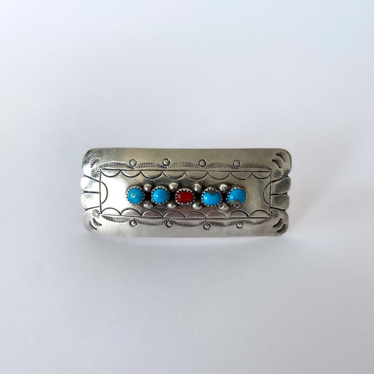 Barrette Navajo en argent sterling, turquoise et corail – Bijou de cheveux 1970s