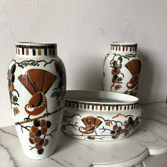 Keller and Guérin Lunéville - Pair of Ceylon Vases &amp; Planter - Art Deco, 1920