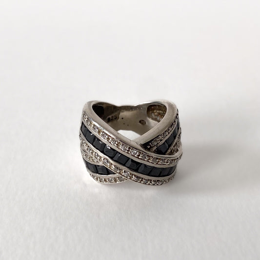 Bague vintage en argent 925, strass et onyx noirs – Style Art Déco, années 80