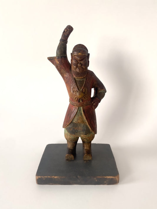 Antique polychrome wooden statuette, Chinese warrior - Qing Dynasty, 19th century