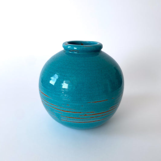 Turquoise Art Deco ball vase signed CAB, Bordeaux Ceramics, 1930s