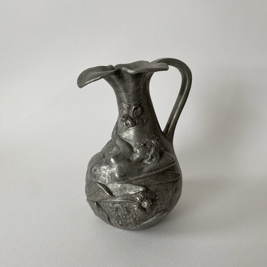 J. GARNIER. Pewter Pitcher Vase with a Naked Woman and Flowers - Art Nouveau 1900
