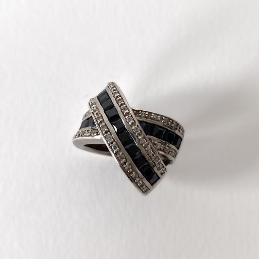 Bague vintage en argent 925, strass et onyx noirs – Style Art Déco, années 80