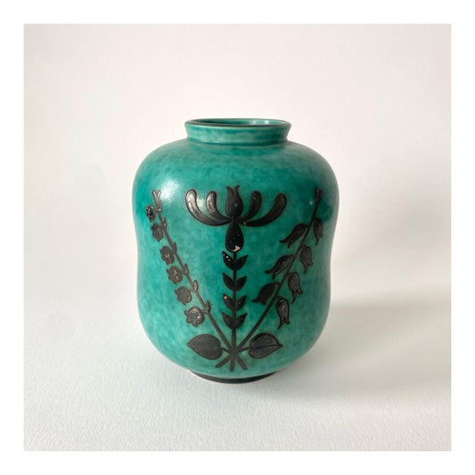 Argenta Gustavsberg Wilhelm Kåge Green Earthenware and Sterling Silver Vase, 1930s