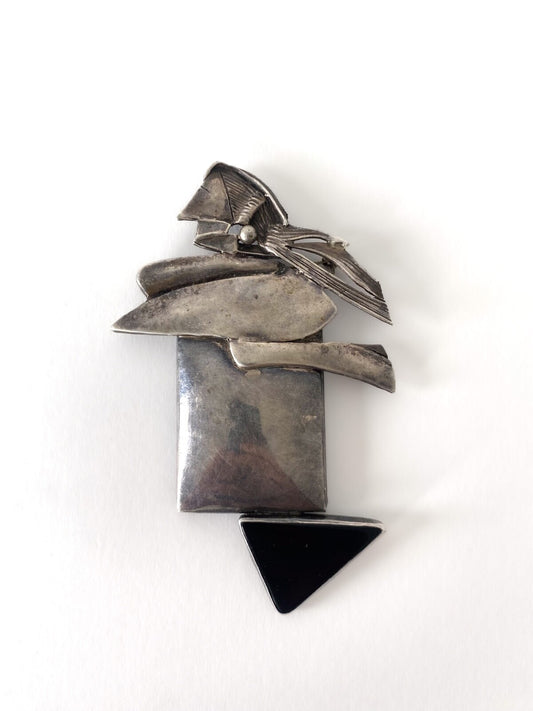 Large vintage brooch in 925 silver and black onyx signed YAPAIA – Mexico, 1970s