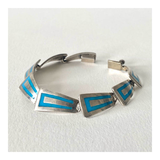 Vintage Mexico Taxco Bracelet, JSF in Sterling Silver and Inlaid Turquoise