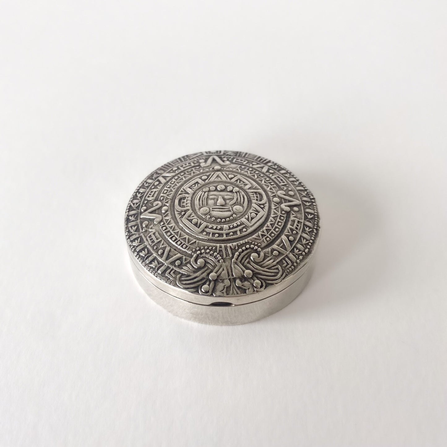 Boîte ronde vintage en argent 925 de Taxco – Calendrier aztèque – Mexique 1980s