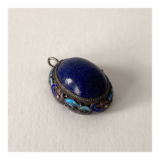 Antique Chinese Silver, Cloisonné Enamel, and Lapis Lazuli Pendant - 1920s