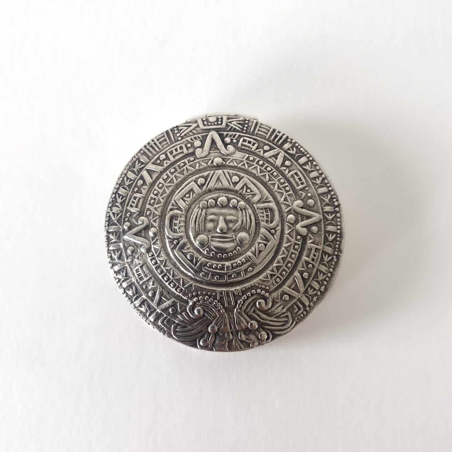Boîte ronde vintage en argent 925 de Taxco – Calendrier aztèque – Mexique 1980s