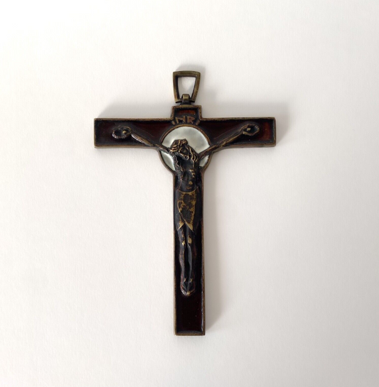 Vintage Bronze and Enamel Crucifix Cross by Elie Pellegrin – 1960s