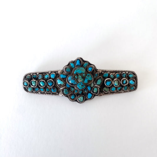 Silver and Turquoise Brooch – Stylized Face – Mexican Crafts, 1940s